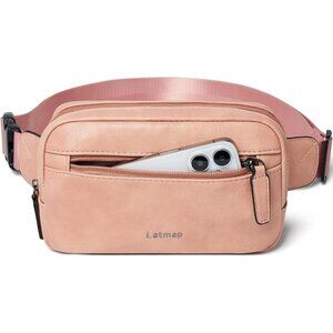 LATMAP 2L Fanny Pack, Faux Leather Waterproof Crossbody Waist Bag, Light-Pink